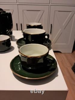 Vintage Apilco French Green & Gold 16pc Bistro Coffee Set Inc 4 Breakfast