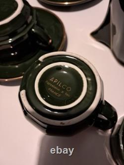 Vintage Apilco French Green & Gold 16pc Bistro Coffee Set Inc 4 Breakfast