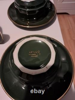 Vintage Apilco French Green & Gold 16pc Bistro Coffee Set Inc 4 Breakfast
