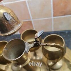 Vintage Arabic Dallah Middle Eastern Brass Etched Coffee Pot Set Cups Tray
