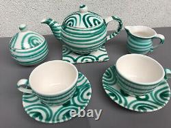 Vintage Austrian Gmundner Keramik Green Stripe Tea & Coffee Set Marked 8 pcs