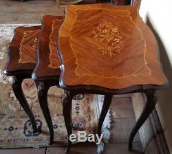 Vintage BRASS Inlaid Kingwood Wood Nest Set of 3 Side End Lamp Coffee Tables