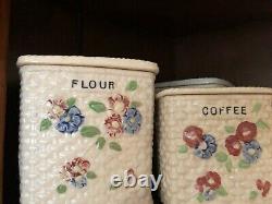 Vintage Basket weave Canister Set with Flowers Japan Salt Box Flour Coffee Tea