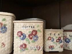 Vintage Basket weave Canister Set with Flowers Japan Salt Box Flour Coffee Tea