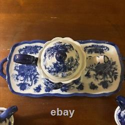 Vintage Blue White China Coffee Tea Set Pot Serving Plate Cup