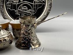 Vintage Bosnian Coffee Set Silver Metal Porcelain Boxed