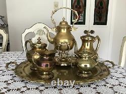 Vintage Brass 6 pc Coffee & Tea Set with Kettle On Stand, 2Pots, Cream& Sugar&Tray