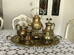 Vintage Brass 6 pc Coffee & Tea Set with Kettle On Stand, 2Pots, Cream& Sugar&Tray