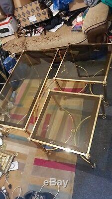 Vintage Brass Set Of 3 Hollywood Regency Coffee & Side Tables Bronzed Glass Tops