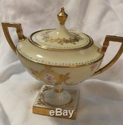 Vintage CAC Lenox Tea Pot Sugar Creamer Set Gold Pink Blue Lidded China Coffee