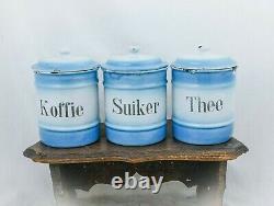 Vintage CANISTER SET Enamelware Coffee Sugar Tea Blue White Dutch Enamel Jars