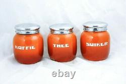 Vintage CANISTER SET Enamelware Coffee Sugar Tea Orange Flamed Dutch Enamel Jars