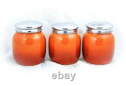 Vintage CANISTER SET Enamelware Coffee Sugar Tea Orange Flamed Dutch Enamel Jars