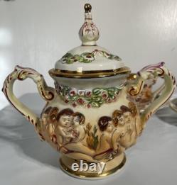 Vintage Capodimonte Coffee Set Sugar Bowl, Cups With Saucers