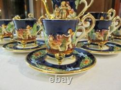 Vintage Capodimonte Italy Cobalt Blue Demitasse Espresso Coffee Set Cherubs