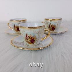 Vintage Coffee Cups Set 3pcs Saucers Porcelain Made Romeo & Juliet Printed Decor