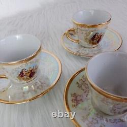 Vintage Coffee Cups Set 3pcs Saucers Porcelain Made Romeo & Juliet Printed Decor