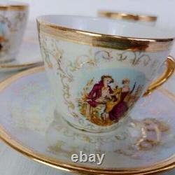 Vintage Coffee Cups Set 3pcs Saucers Porcelain Made Romeo & Juliet Printed Decor