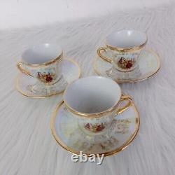 Vintage Coffee Cups Set 3pcs Saucers Porcelain Made Romeo & Juliet Printed Decor