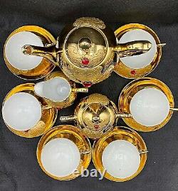 Vintage Coffee Tea Set FLORES Bavaria for 6, Pure Gold with Gems, 15 items