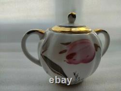 Vintage Coffee Tea Set Lomonosov Full 6/24 Pink Tulip Hand-Painted Gold22k USSR