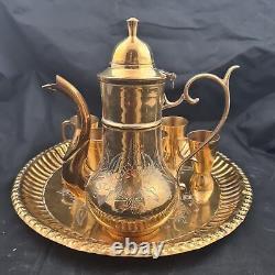 Vintage Copper Coffee Pot Tea Can Set 6 Cups Tray