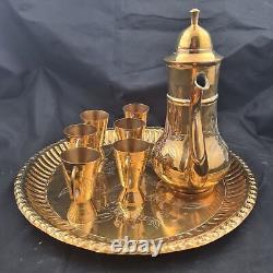 Vintage Copper Coffee Pot Tea Can Set 6 Cups Tray