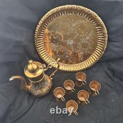 Vintage Copper Coffee Pot Tea Can Set 6 Cups Tray