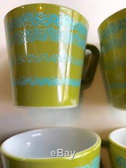 Vintage Corning Pyrex Avocado with Turquoise Flowers Coffee Mug Set of 4