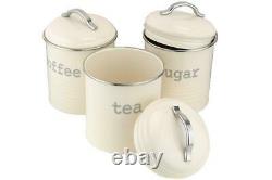 Vintage Cream Enamel Round Set of 3 Tea Coffee Sugar Storage Canister Tin Box