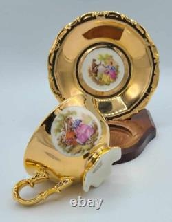 Vintage Crown Bavaria Gold Porcelain Coffee Set 15 pcs Victorian Romantic Scenes