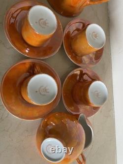 Vintage Czechoslovakian Orange Flame Lustre Porcelain Coffee Set KMR