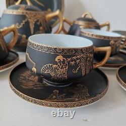 Vintage Eiho Japanese Hand Painted Coffee Tea Set Black and Gold 17 Pieces