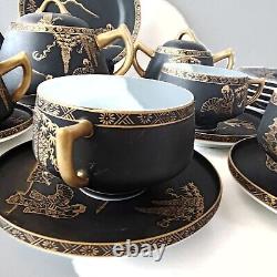 Vintage Eiho Japanese Hand Painted Coffee Tea Set Black and Gold 17 Pieces