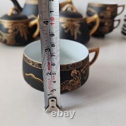 Vintage Eiho Japanese Hand Painted Coffee Tea Set Black and Gold 17 Pieces