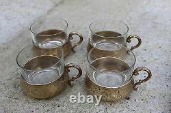 Vintage Engraved Brass Tea Coffee Set with Tray 4 Cups and Thermos Bottle #549