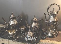 Vintage FB Rogers Silver Plate 7pc Tea/Coffee Set, Tilt Kettle withWarmer, Tray
