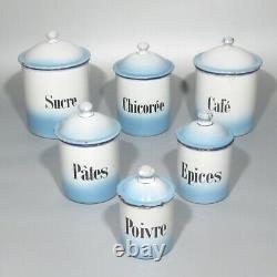 Vintage French Enamelware Enamel Canister Set, Blue & White, Sugar Coffee, 6 pcs