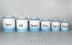 Vintage French Enamelware Enamel Canister Set, Blue & White, Sugar Coffee, 6 pcs