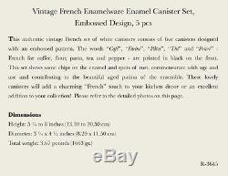 Vintage French Enamelware Enamel Canister Set, Embossed Design, 5 pcs, Coffee