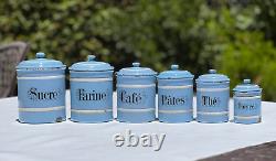 Vintage French Enamelware Enamel Canister Set Light Blue Sugar Coffee 6 PC