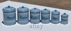 Vintage French Enamelware Enamel Canister Set Light Blue Sugar Coffee 6 PC