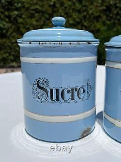 Vintage French Enamelware Enamel Canister Set Light Blue Sugar Coffee 6 PC