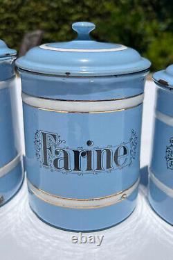 Vintage French Enamelware Enamel Canister Set Light Blue Sugar Coffee 6 PC