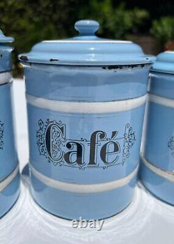 Vintage French Enamelware Enamel Canister Set Light Blue Sugar Coffee 6 PC