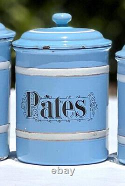 Vintage French Enamelware Enamel Canister Set Light Blue Sugar Coffee 6 PC