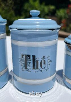 Vintage French Enamelware Enamel Canister Set Light Blue Sugar Coffee 6 PC