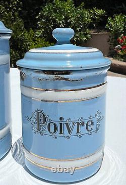 Vintage French Enamelware Enamel Canister Set Light Blue Sugar Coffee 6 PC