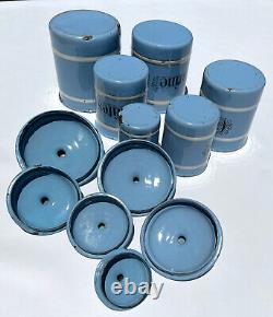 Vintage French Enamelware Enamel Canister Set Light Blue Sugar Coffee 6 PC