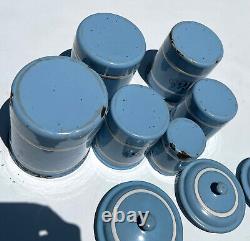 Vintage French Enamelware Enamel Canister Set Light Blue Sugar Coffee 6 PC